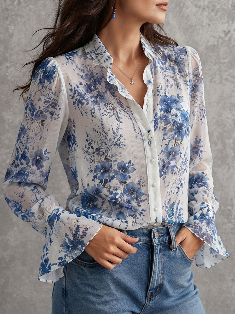 Boho Blue Floral Crinkle Chiffon Ruffle Collar Blouse