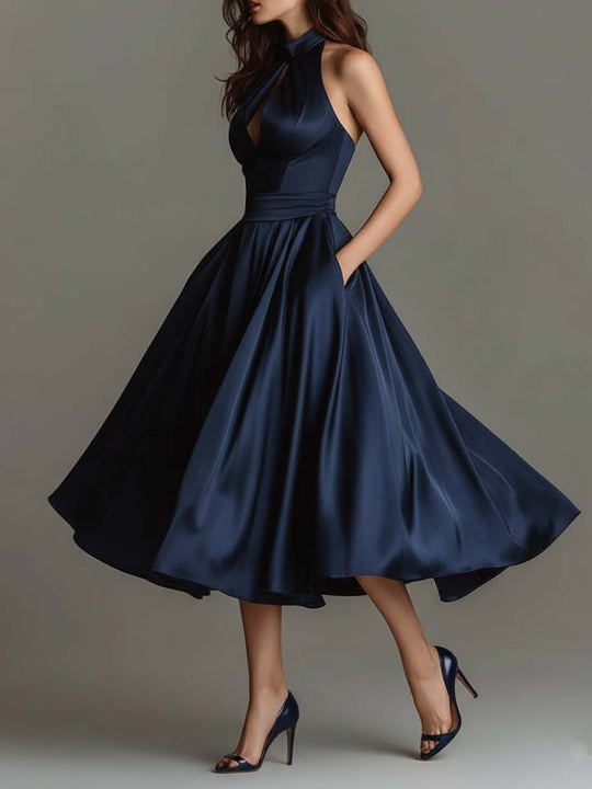 Midnight Satin Halter A-Line Midi Dress