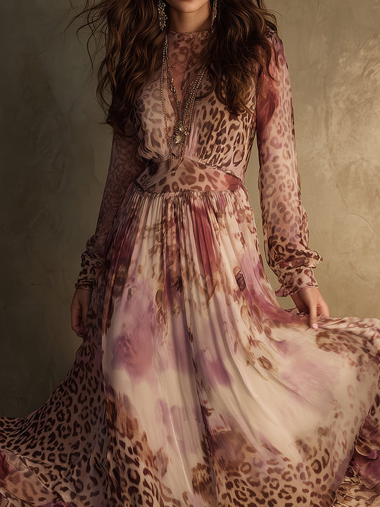 Romantic Boho Holiday Leopard Print Ruffle Hem Chiffon Maxi Dress