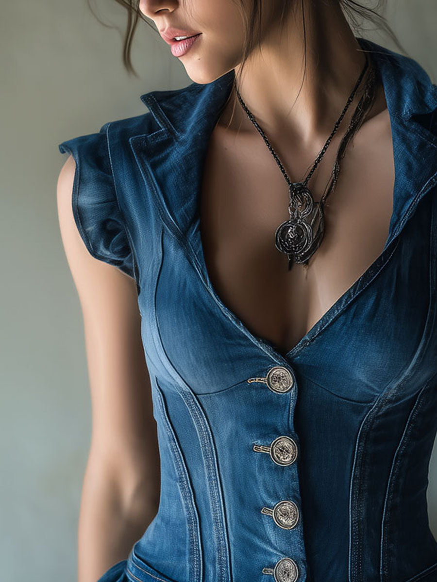 Retro Lapel Collar Denim Peplum Corset Blouse
