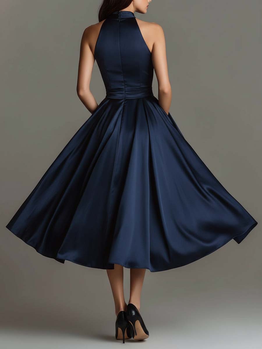 Midnight Satin Halter A-Line Midi Dress