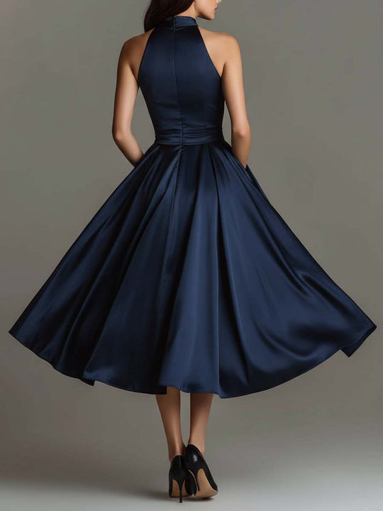 Midnight Satin Halter A-Line Midi Dress