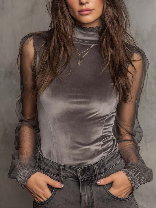 Velvet Mesh Panel High-Neck Top – Graphite Grey