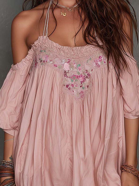 Romantic Vintage Embroidered Off-Shoulder Mini Dress