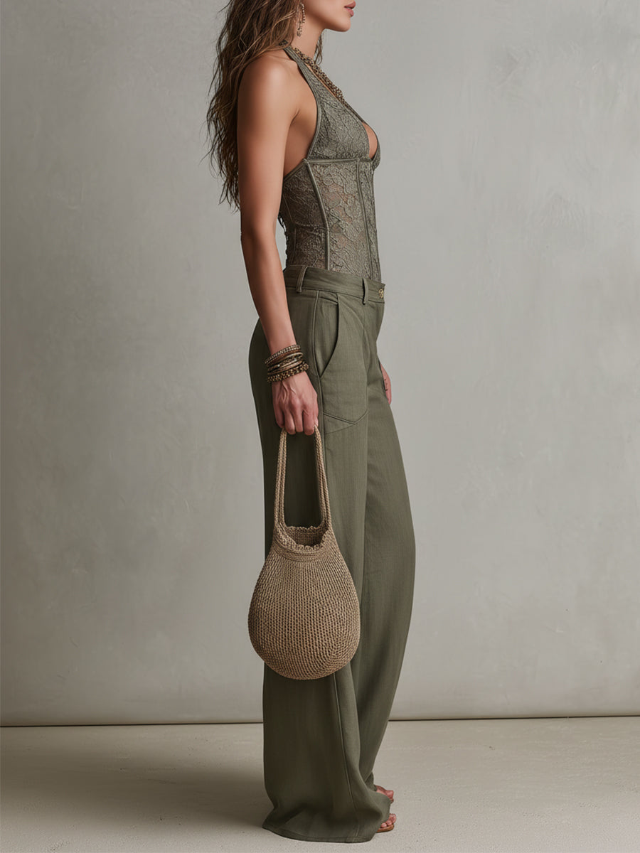 Retro Lace Vest & Wide-Leg Pants Set