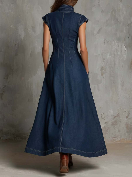 Vintage Boho Zip-Front Denim Maxi Dress