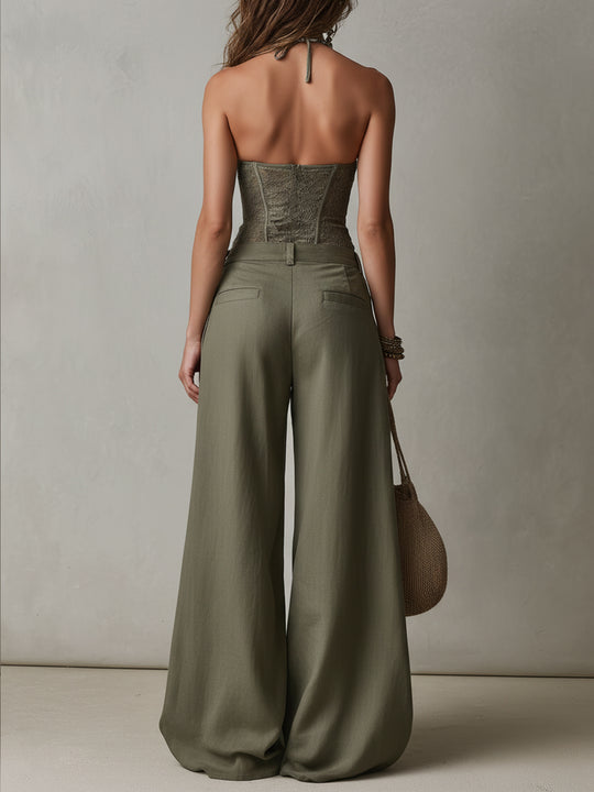 Retro Lace Vest & Wide-Leg Pants Set