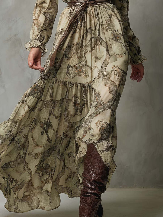 Ruffled V-Neck Chiffon Maxi Dress – Desert Python Print