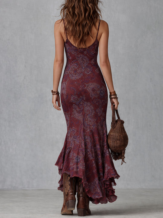 Boho Paisley Print High Slit Maxi Dress