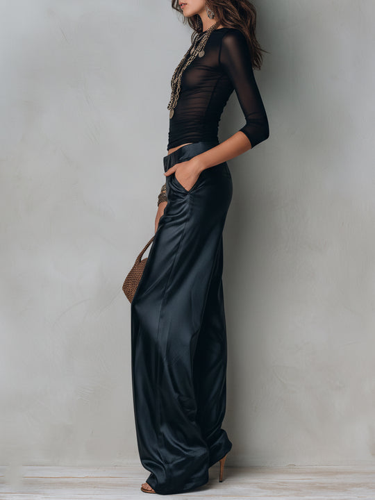 Boho Mesh Fitted T-Shirt & Tencel Wide-Leg Pants Set