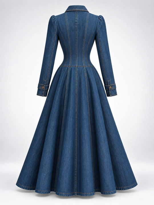 Retro Single-breasted Long Fitted Denim Trench Coat