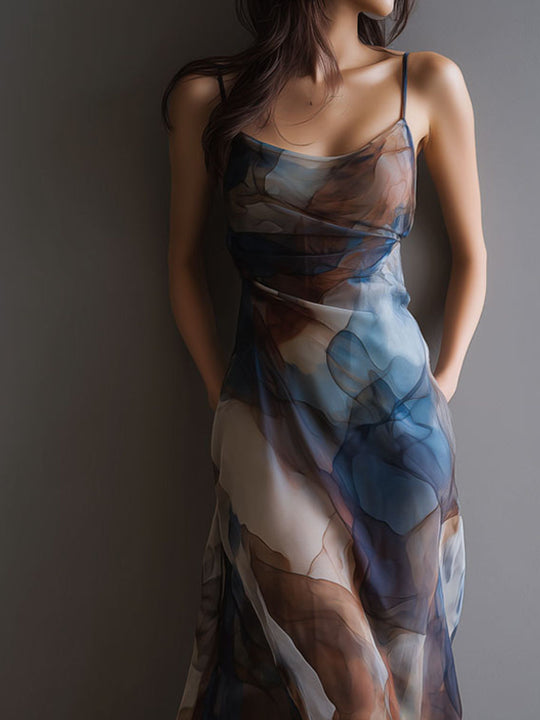 Retro Abstract Print Watercolor Chiffon Slip Maxi Dress