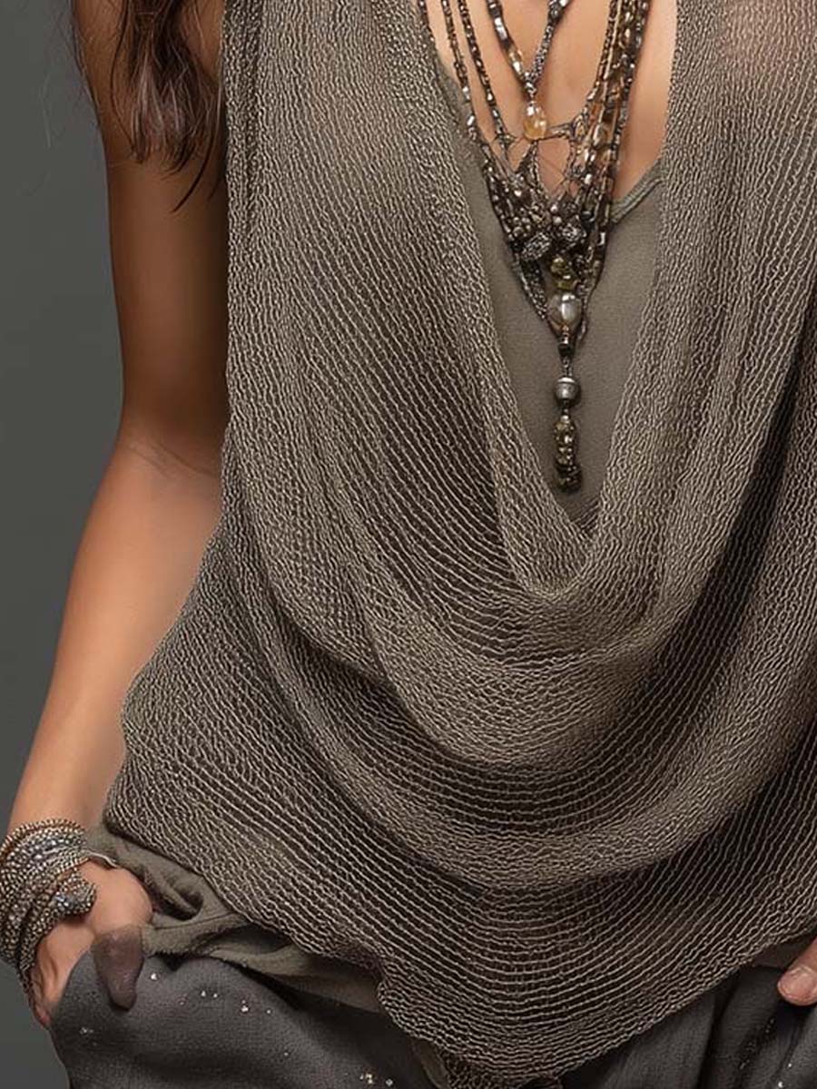 Earth-Tone Double-Layer Mesh Knit Halter Top