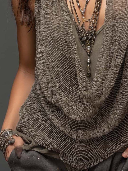 Earth-Tone Double-Layer Mesh Knit Halter Top