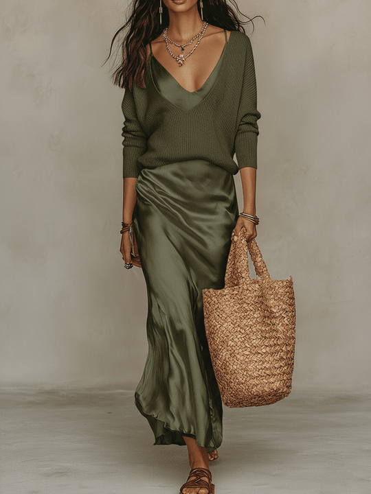 Effortless Ivory Knit & Satin Midi Ensemble