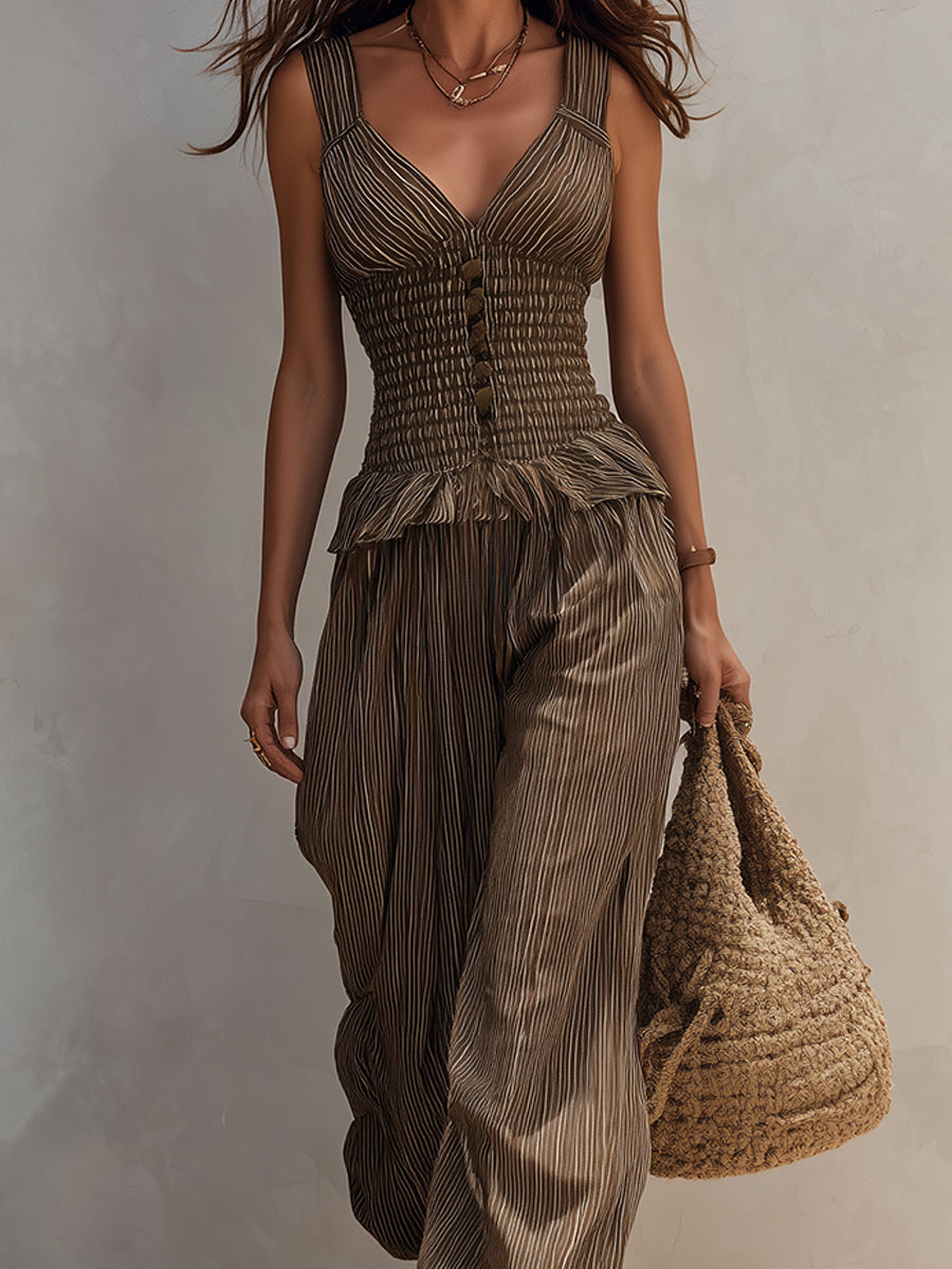 Boho Striped Shirred Top & Balloon Pants Set