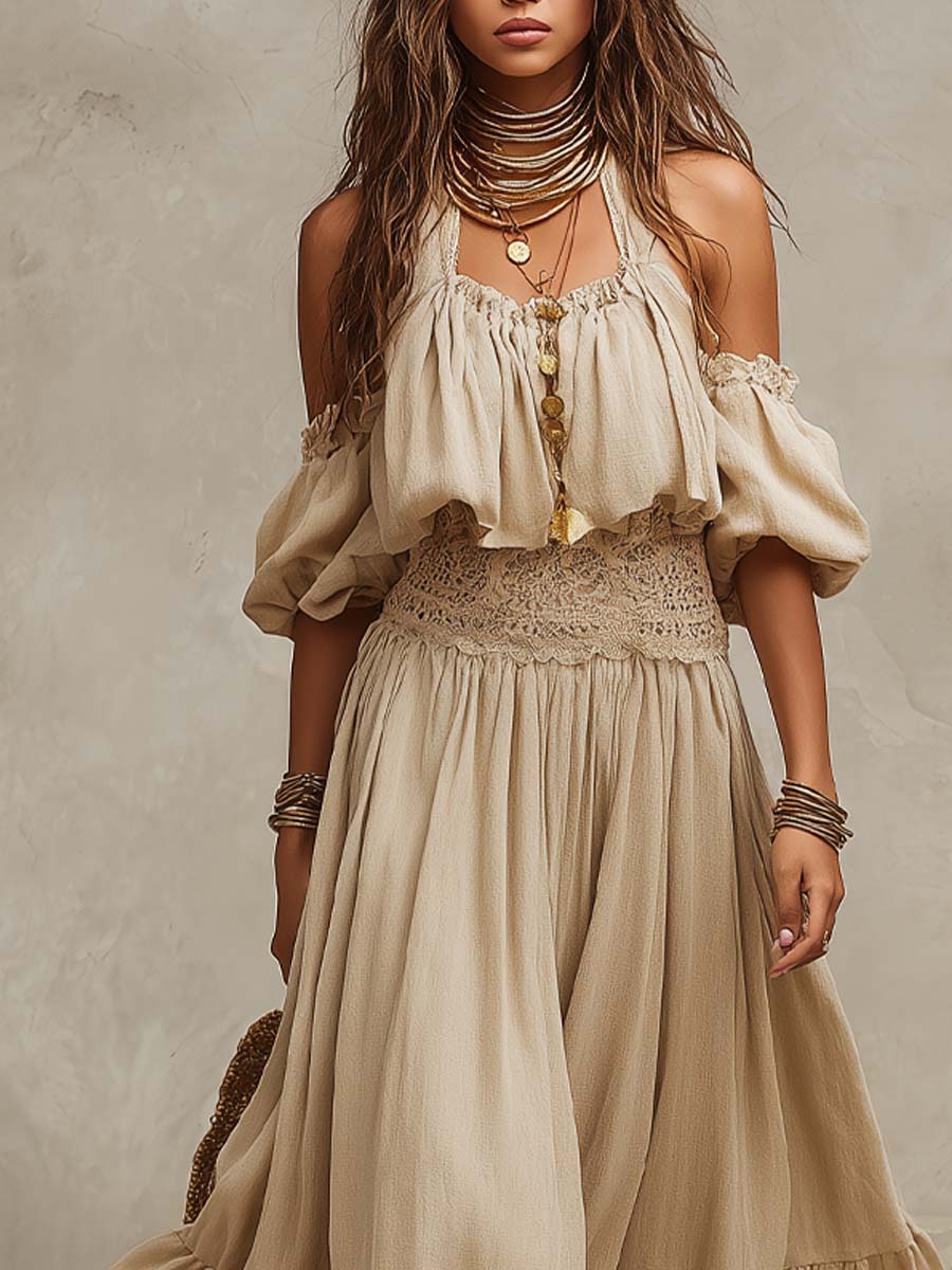 Retro Halter-Neck Off-Shoulder Cotton-Linen Two-Piece Set