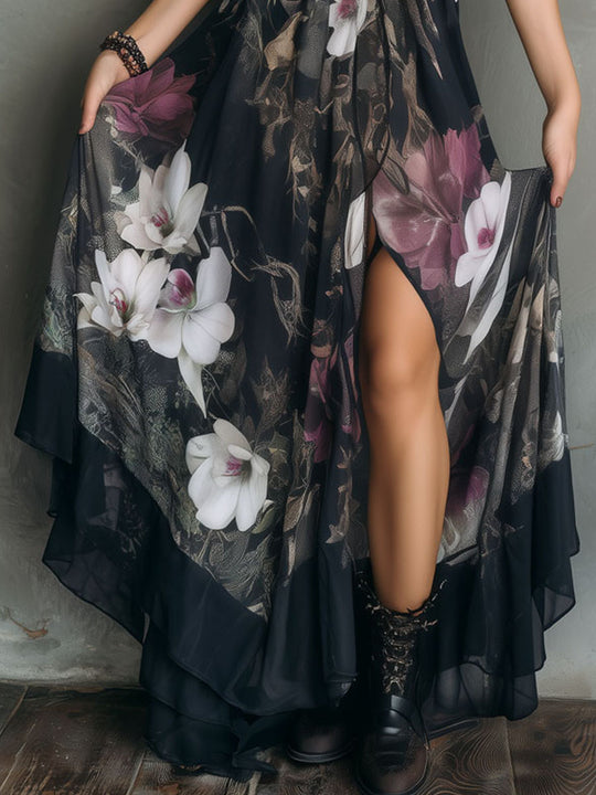 Boho Midnight Orchid Floral Chiffon Halter Maxi Dress