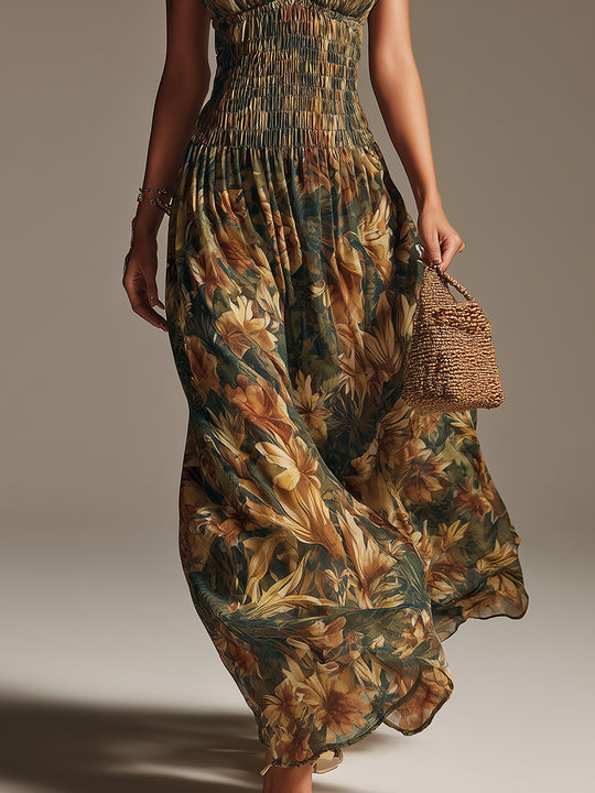 Tropical-Style Shirred Strapless Maxi Dress
