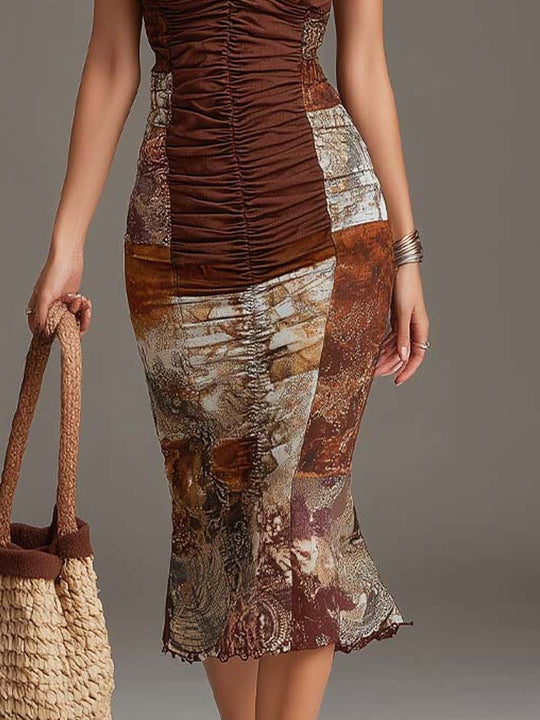 Bohemian Halter Patchwork Print Ruched Midi Dress