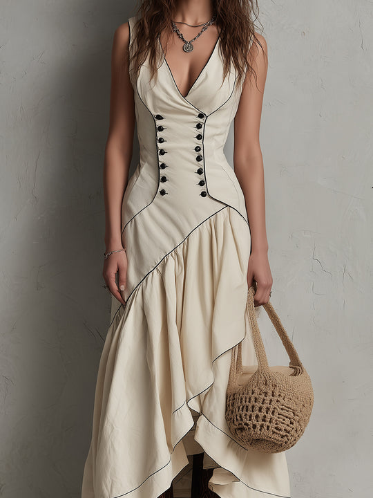 Boho Cotton-Linen Maxi Dress With Black Piping And Ruffled Hem