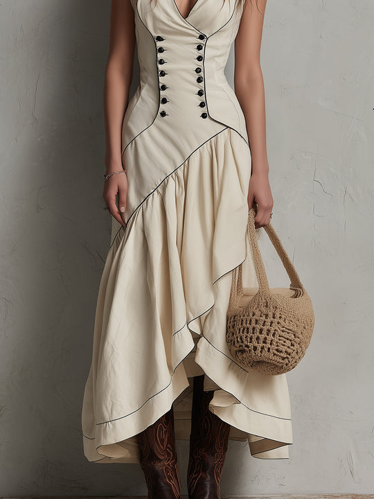 Boho Cotton-Linen Maxi Dress With Black Piping And Ruffled Hem