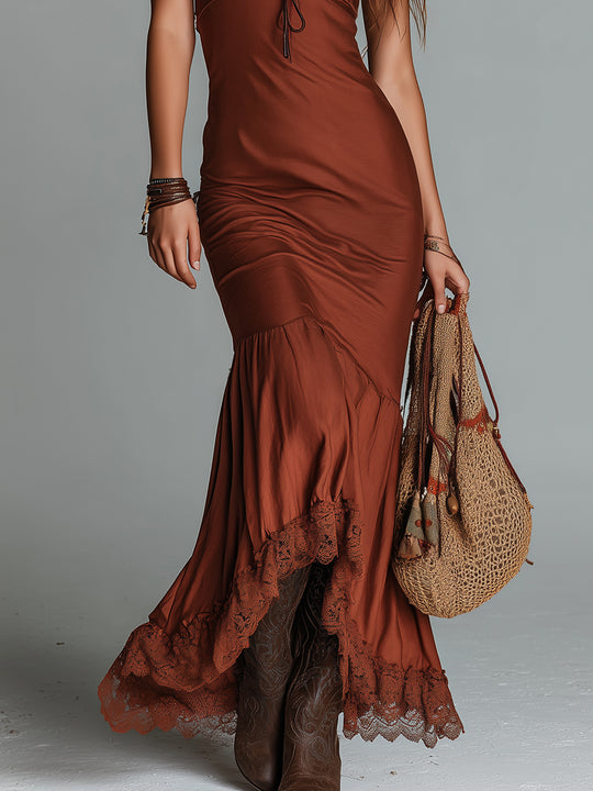 Boho Lace-Trimmed Slim-Fit Tencel Maxi Dress