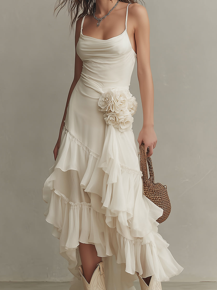 Detachable Floral Ruffled Hem Maxi Dress