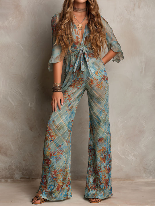 Boho Chic Ocean Blue Sheer Floral Tie-Front Jumpsuit