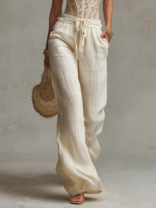 Bohemian Lace bodycon vest & Cotton Wide-Leg Pants Two-Piece Set