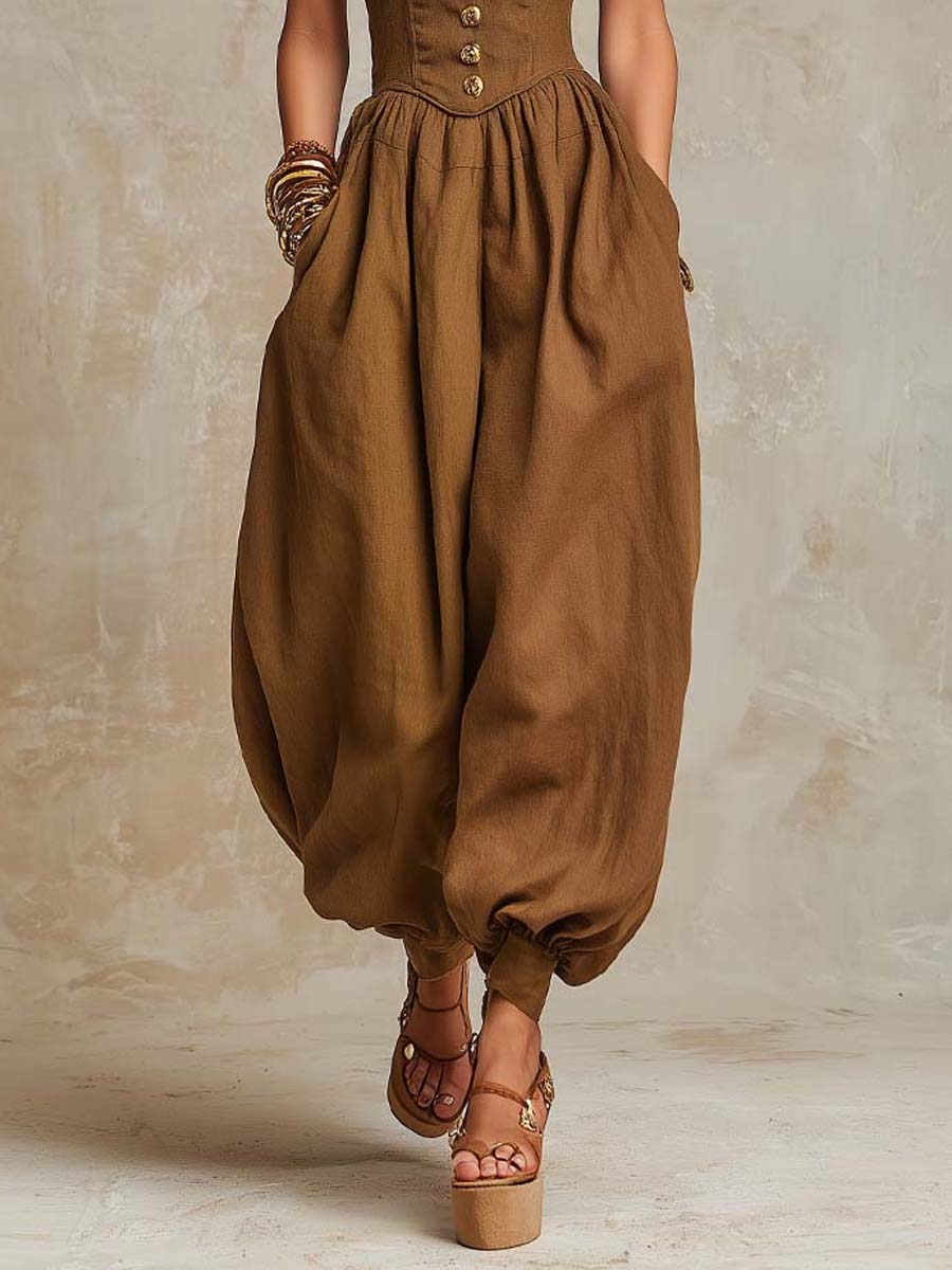 Bohemian  Cotton-Linen Corset Balloon-Leg Jumpsuit