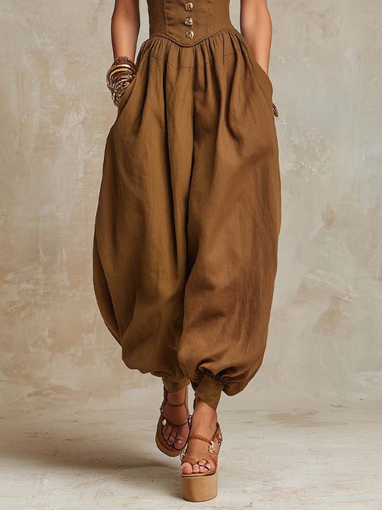 Bohemian  Cotton-Linen Corset Balloon-Leg Jumpsuit