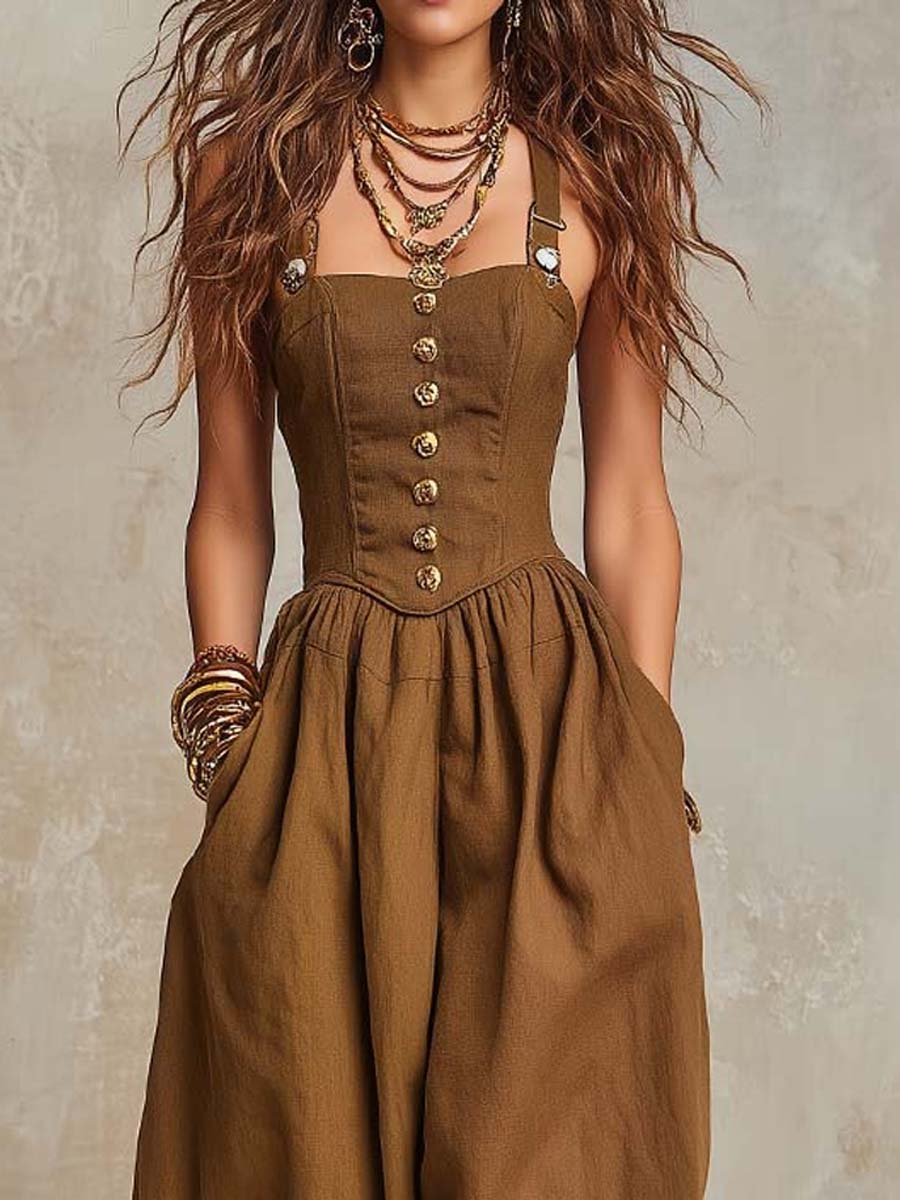 Bohemian  Cotton-Linen Corset Balloon-Leg Jumpsuit