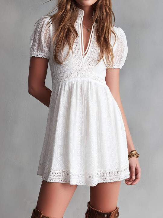 Boho Romantic White Lace Detail Puff-Sleeve Mini Dress