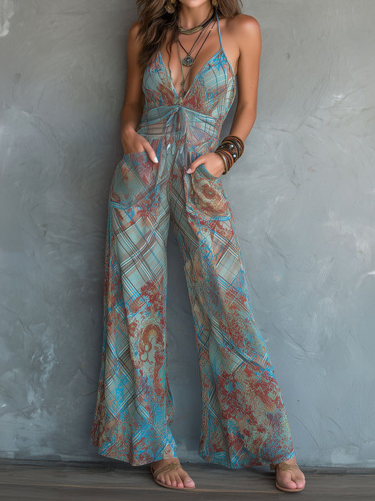 Boho Chic Sheer Printed Halter Jumpsuit With Pockets