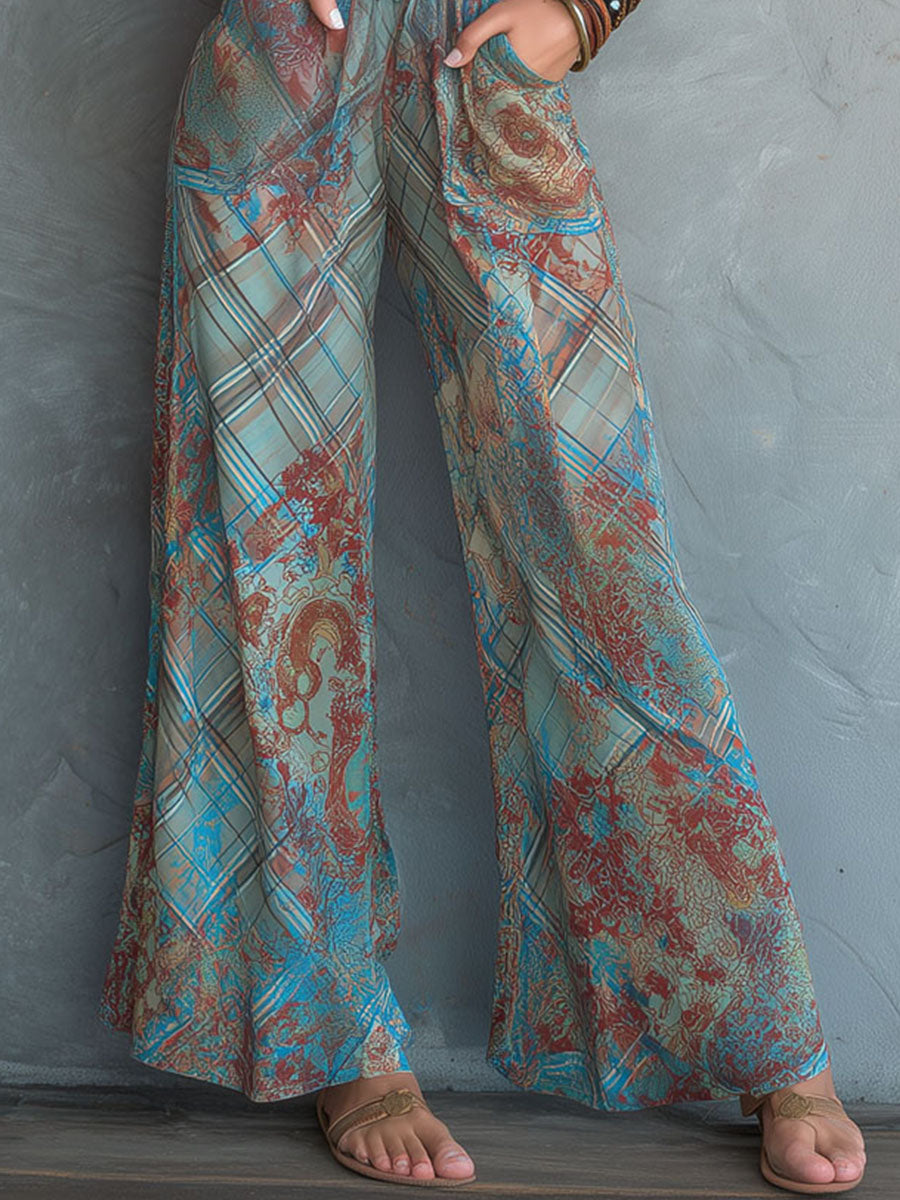 Boho Chic Sheer Printed Halter Jumpsuit With Pockets