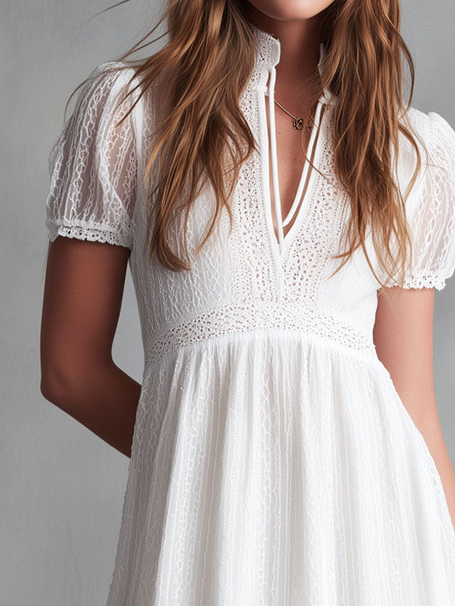 Boho Romantic White Lace Detail Puff-Sleeve Mini Dress
