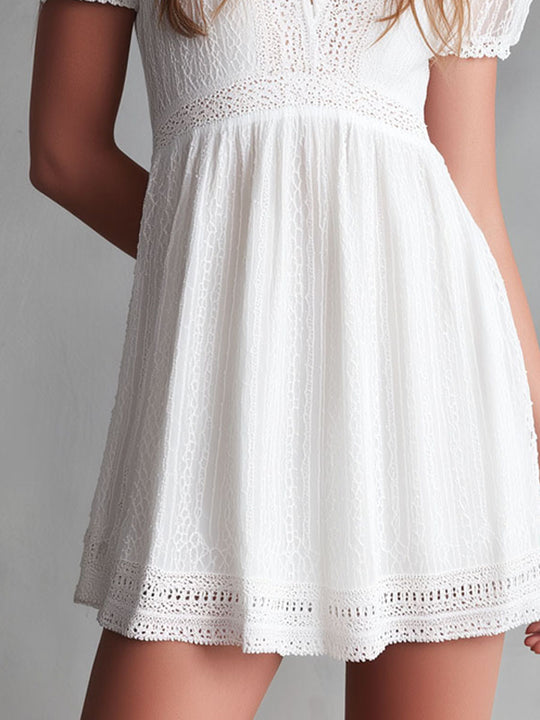 Boho Romantic White Lace Detail Puff-Sleeve Mini Dress