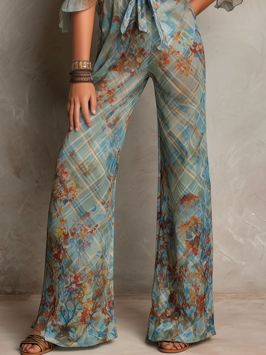 Boho Chic Ocean Blue Sheer Floral Tie-Front Jumpsuit