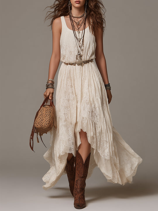 Boho Lace Maxi Dress With Asymmetrical Hem (Belt Included)