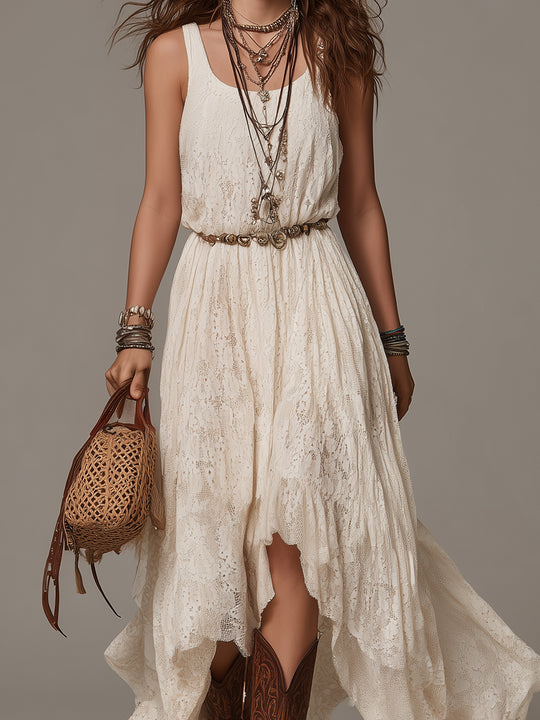 Boho Lace Maxi Dress With Asymmetrical Hem (Belt Included)