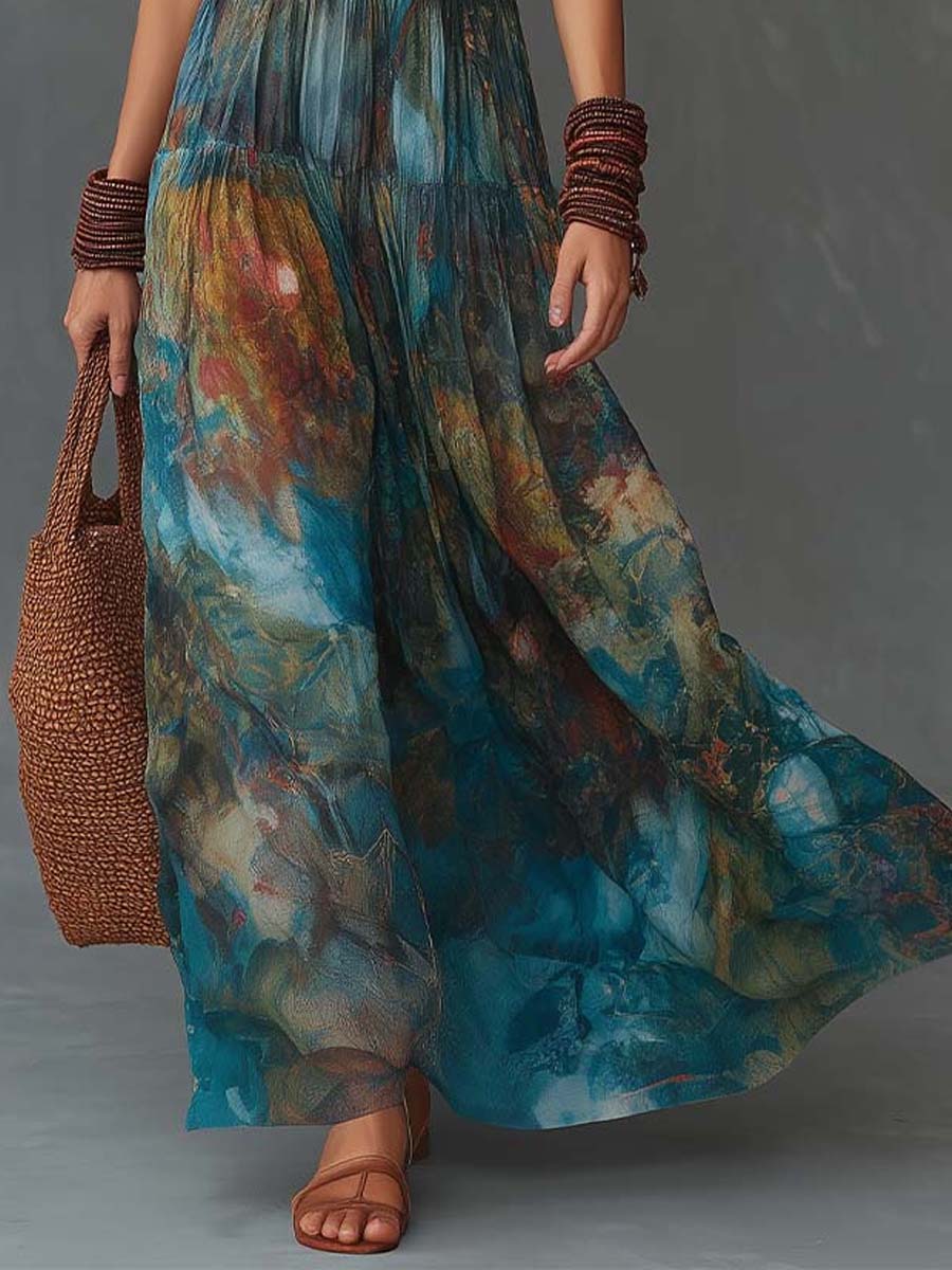 Bohemian Halter Lace Watercolor Print Maxi Dress