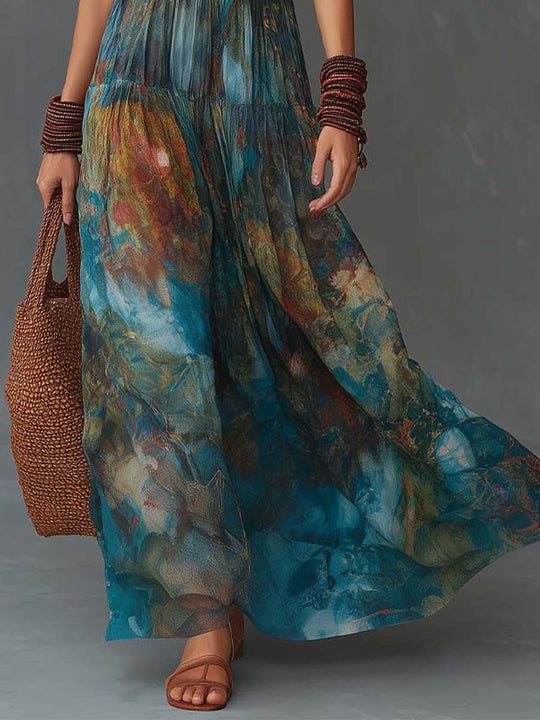 Bohemian Halter Lace Watercolor Print Maxi Dress