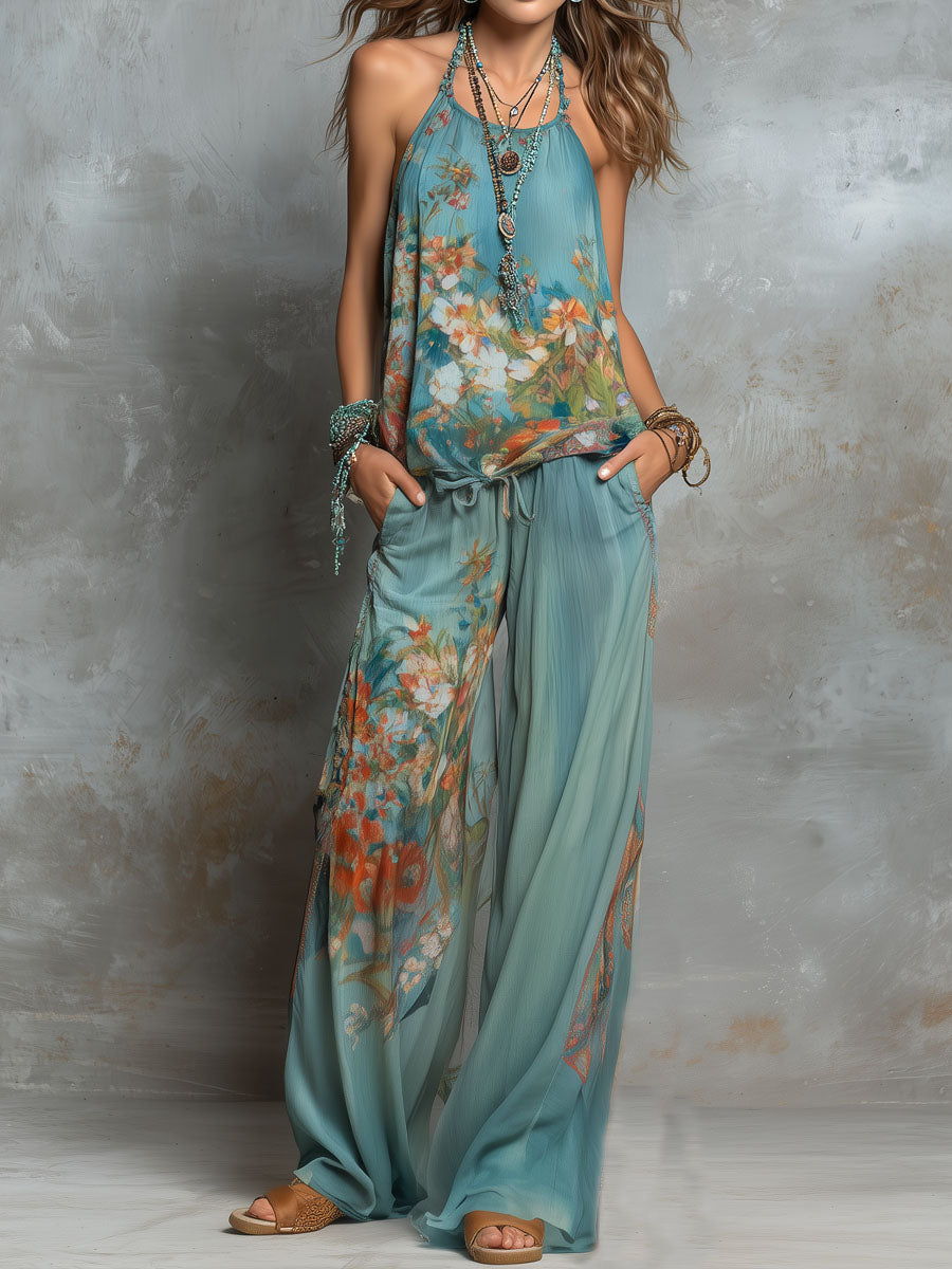 Boho Ocean Bloom Floral  Halter Chiffon Two-Piece Set