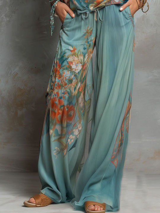 Boho Ocean Bloom Floral  Halter Chiffon Two-Piece Set