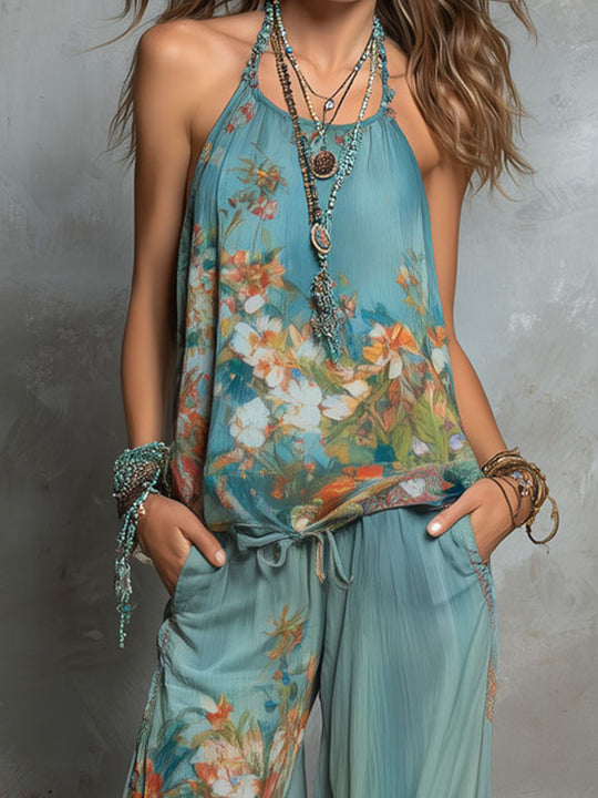 Boho Ocean Bloom Floral  Halter Chiffon Two-Piece Set