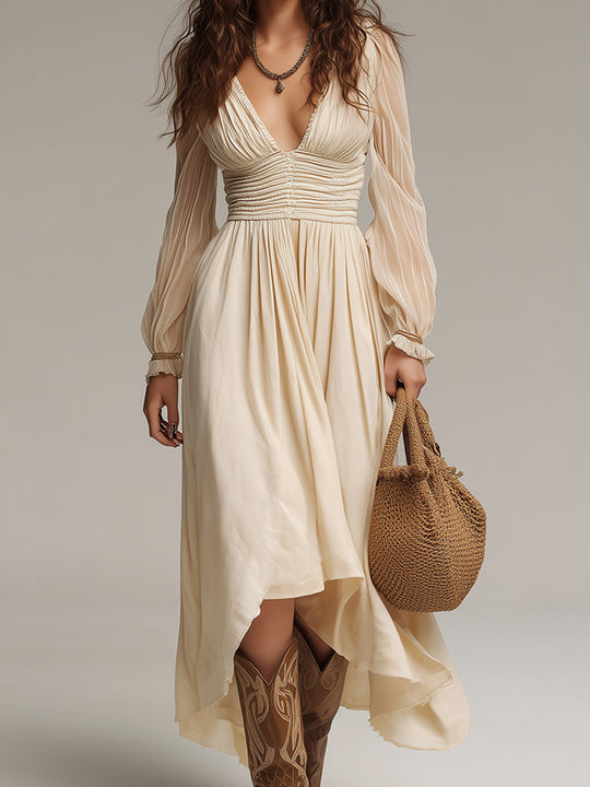 Vintage Midi Dress With Shirred Waist And High-Low Hem