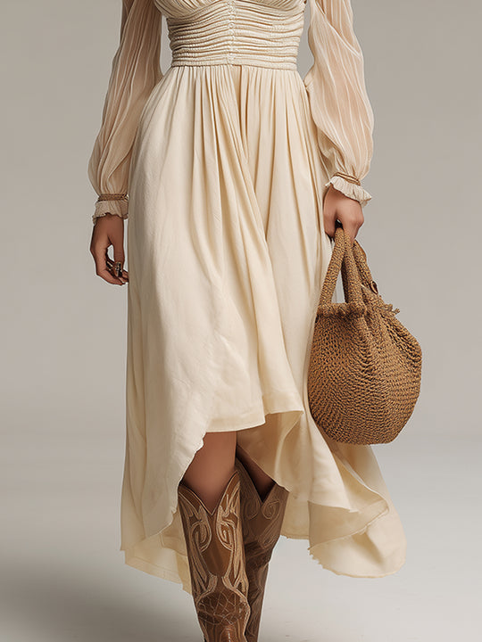 Vintage Midi Dress With Shirred Waist And High-Low Hem