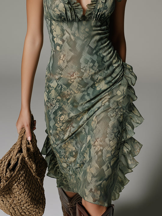 Boho Snake-Print Ruffle-Trim Chiffon Midi Dress