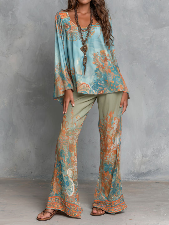 Bohemian Ocean Sunset Print Flared Pants & Flowing Blouse Set